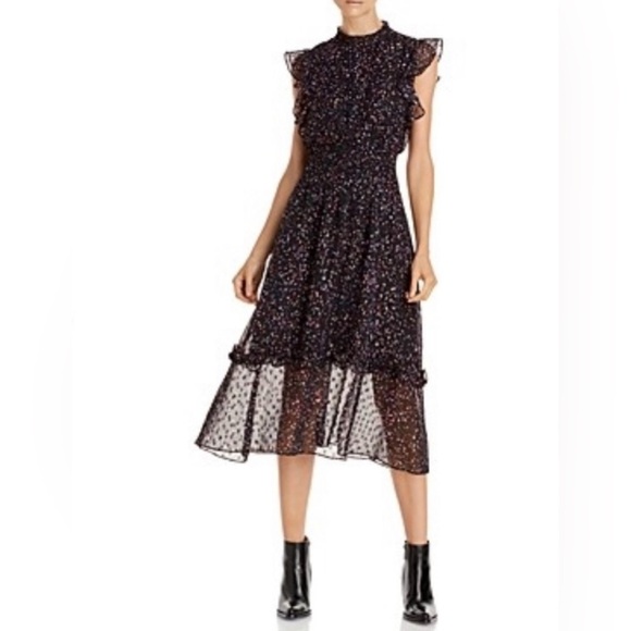 Aqua Dresses & Skirts - AQUA Flutter Sleeve Midi Sheer Fabric Dress Smocked Waist Confetti Print Size XS